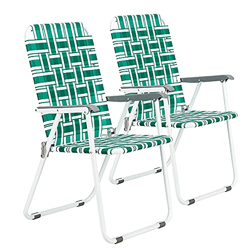 NIUSTRONG, Patio Folding Web Lawn Chair SetWebbed Lawn Chairs Folding Aluminum 2 PackOutdoor Portable Beach Chair Camping Chairs, Light Green Strip