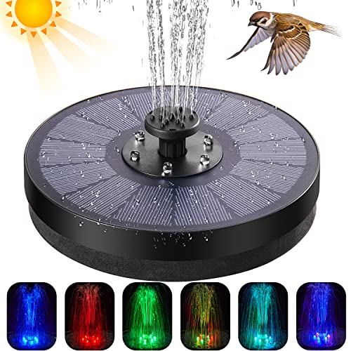 Solar Fountain Pump Bird Bath - 3W Bird Bath Fountains Solar Power Water Fountain Pump with Color LED Light, 7 Nozzles & 4 Fixers for Garden Birdbath Pond Outdoor Pool