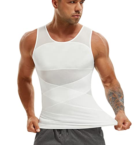 SOLCYSX Compression Shirt for Men Slimming Undershirt Body Shaper Tank top for gynomastica Sleeveless Shapewear Vest Men White