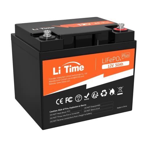 LiTime 12V 50Ah Lithium LiFePO4 Battery Built in BMS, 10 Years Lifetime 4000+ Cycles Output Power 640W, Perfect for Boat Marine Trolling motor Camping Riding Mower