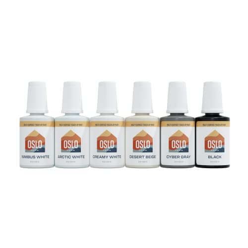 Oslo Home Multi-Pack Porcelain Touch Up Paint 6 Most Popular Colors - Whites + Other, Made in USA, w/Brush in Bottle, Self-Priming, for Appliances + Bathroom Fixtures, Sinks, Tile, Metal & More
