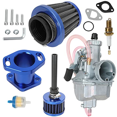 GREHUA VM22 Mikuni Carburetor Carb Intake Manifold Air Filter with Mini Air Filter Kit for Predator 212cc 196cc 6.5hp GX160 GX200 Baja MB200 CT200U BK200 KT196 BT200X Go Kart Mini Bike Race(Blue)