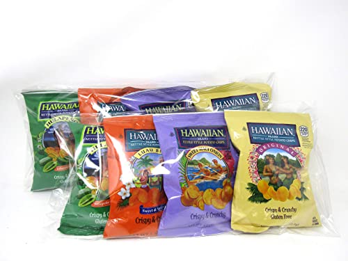 Hawaiian Brand Assorted Kettle Style Potato Chips Bundle: Sweet Maui Onion, Luau BBQ, Hulapeo, & Original (8 Pack)