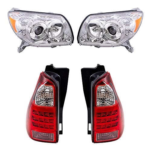 Brock Replacement Driver and Passenger Side Halogen Combination Headlight Units with Chrome Bezel and Tail Light Units 4 Piece Set Comaptible with 2006-2009 4Runner Limted/SR5