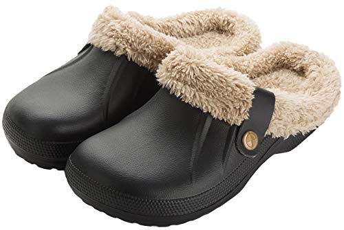 ChayChax Waterproof Slippers Women Men Fur Lined Clogs Winter Garden Shoes Warm House Slippers Indoor Outdoor Mules, Black 1, 9.5-10.5 Women/8.5-9 Men