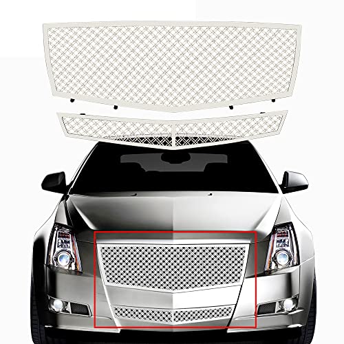 Compatible with 2008-2013 Cadillac CTS Stainless Steel Double Mesh Grille Chrome Grill Insert Combo (Not For CTS-V or model with Adaptive Cruise Control)