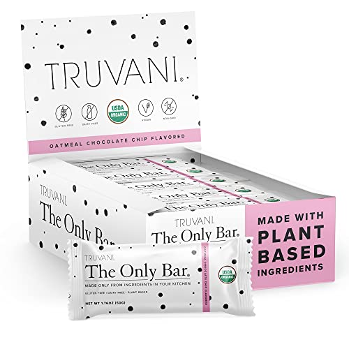 Truvani Plant-Based Snack Bars - Oatmeal Chocolate Chip Only Bar - USDA Certified Organic, Vegan, Non-GMO, Soy & Gluten Free (12 Count, Pack of 1)