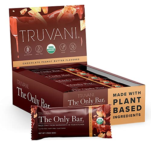 Truvani Plant-Based Snack Bars - Chocolate Peanut Butter Only Bar- USDA Certified Organic, Vegan, Non-GMO, Soy & Gluten Free (12 Count, Pack of 1)