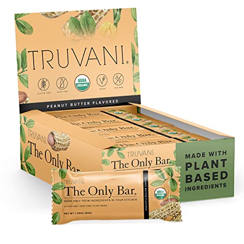 Truvani Plant-Based Snack Bars - Peanut Butter Only Bar - USDA Certified Organic, Vegan, Non-GMO, Dairy, Soy & Gluten Free (12 Count, Pack of 1)