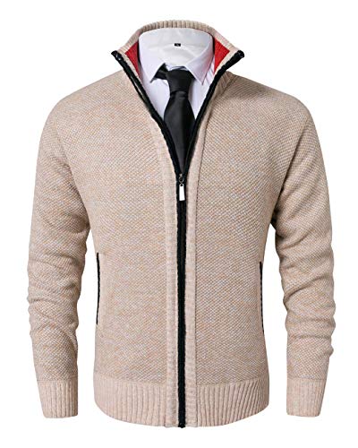 Vcansion Men's Casual Slim Full Zip Thick Knitted Cardigan Sweaters with Pockets Beige M