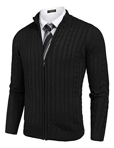 COOFANDY Men's Full Zip Cardigan Sweater Slim Fit Cotton Cable Knitted Zip Up Sweater with Pockets