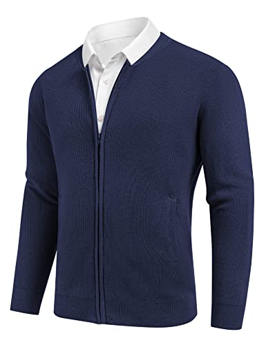 COOFANDY Men's Full Zip Cardigan Sweater Crew Neck Slim Fit Cotton Knit Sweater with Zipper and Pockets