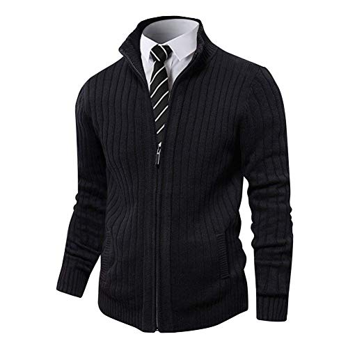 Pioneer Camp Men's Full Zip Up Sweaters Cardigan Stand Collar Slim Fit Casual Knitted Sweater with 2 Front Pockets (Black, M)