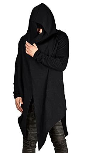 Poriff Black Long Hooded Sweater Mens Baggy Cardigan Long Sleeve Shawls Lightweight Black L