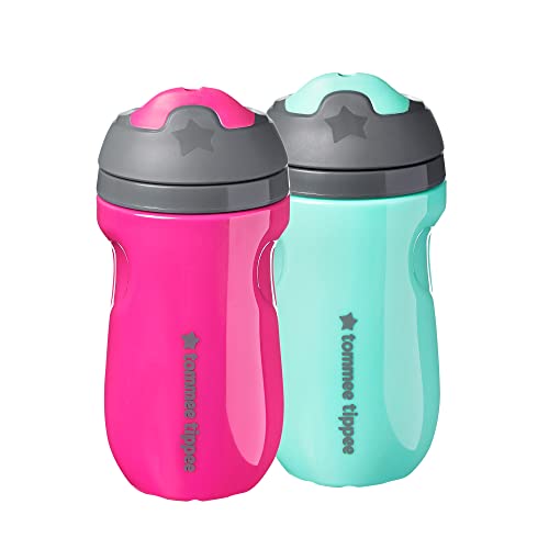 Tommee Tippee Insulated Sippee Cup, Water Bottle for Toddlers, Spill-Proof, BPA Free, Colorful and Playful Designs, 9oz, 12m+, Pack of 2, Pink and Mint