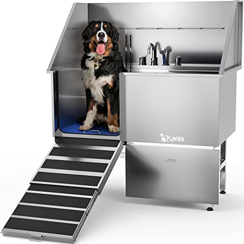 KANIS Professional Stainless Steel Dog Bathing Station - Dog Grooming Tub w/Ramp, Storage Drawer, Floor Grate & Faucet/Dog Bathtub for Large,Medium & Small Pets - Dog Washing Station for Home (50")