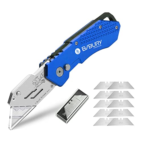 BIBURY Utility Knife, Heavy Duty Folding Box Cutter, Pocket Carpet Knife with 10 Extra SK5 Stainless Steel Blades, Easy Release Button, Belt Clip, Quick Change, Blade Storage in Handle Design-Blue