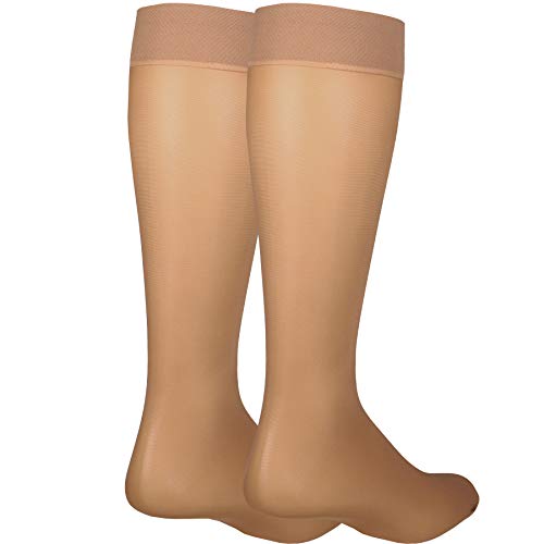 NuVein Sheer Compression Stockings for Women, 8-15 mmHg Support, Light Denier, Knee High, Closed Toe, Beige, Large