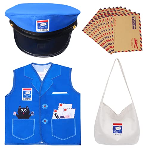 Keymall Kids Mailman Costume Mail Carrier Hat Mr. Postman Canvas Bag Vest Envelopes For Halloween Career Day Postal Costume