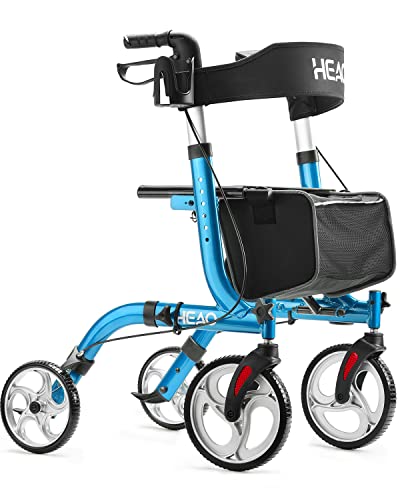 HEAO Rollator Walker for Seniors,10" Wheels Walker with Cup Holder,Padded Backrest and Compact Folding Design,Lightweight Mobility Walking Aid with Seat,Blue