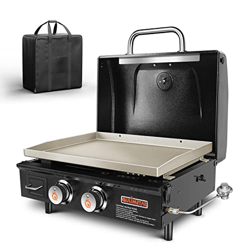 QuliMetal Portable Griddle Flat Top Grill 22 Inch Table Top Grill with Hood 2 Burner Propane Grill with Carry Bag Outdoor Griddle Camping Griddle 24,000 BTU 348 Sq 304 Stainless Steel for Party Tailgating Black