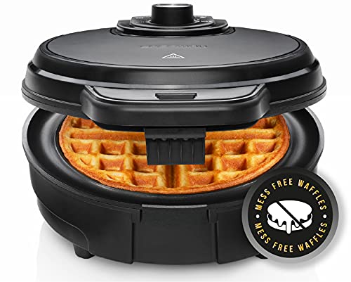 Chefman Anti-Overflow Belgian Waffle Maker w/Shade Selector, Temperature Control, Mess Free Moat, Round Nonstick Iron Plate, Cool Touch Handle, Measuring Cup Included, Black Stainless Steel