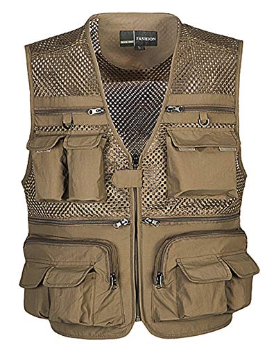 PEHMEA Mens Mesh Outdoor Work Safari Fishing Travel Photo Cargo Vest Multi Pockets Breathable Waistcoat Jacket (Khaki, XX-Large)