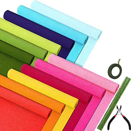 12 Rolls 8 Feet Crepe Paper Sheets Rolls 10 Inch Crepe Paper Streamer 103 Pcs Floral Arrangement Kit Green Floral Tape Floral Wire Stems Wire Cutter for Wreath Flower Making Supplies (Rainbow Colors)