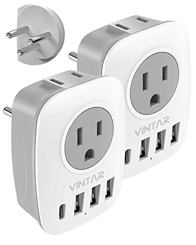 [2-Pack] Israel Power Adapter, VINTAR Israel Plug Adapter with 1 USB C,3 USB Ports and 2 American Outlets,6 in 1 Type H Travel Adapter for US to Israel, Jerusalem, Palestine