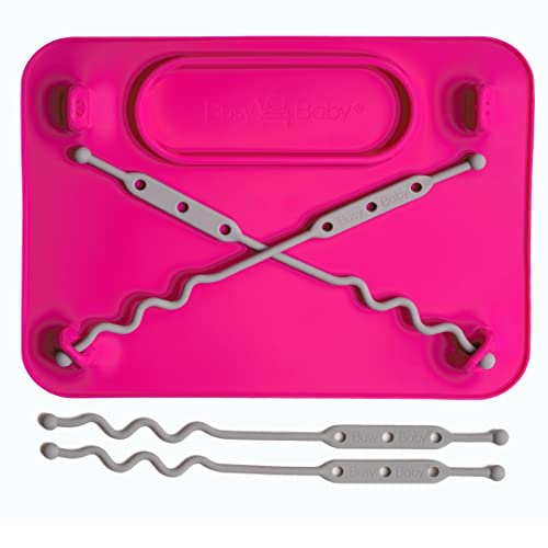 BUSY BABY Silicone Placemat - Built-in Suction Cups - 4 Toy Tethers for Babies Toddlers and Kids - Food Grade Silicone - 8.5 x 11 in - Comes with Travel Sleeve - Dishwasher Safe - Pink