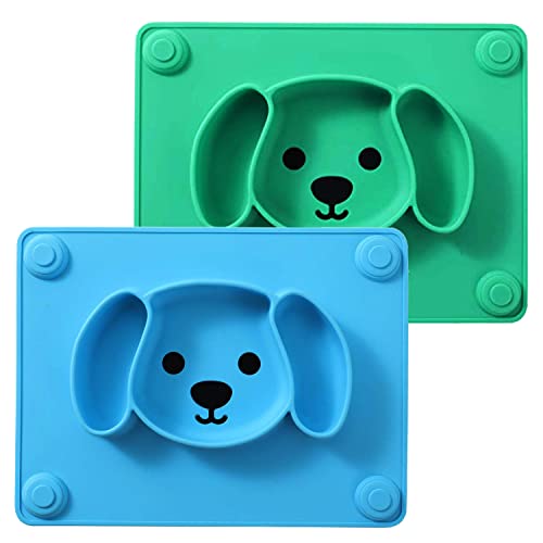 LongDear Suction Plates for Babies,Toddler Silicone Plates with Suction,Kids Placemat Fits Most Highchair Trays,Easily Wipe Clean 2Pack (Blue & Green)