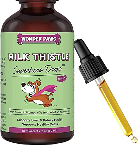 Wonder Paws Milk Thistle, Liver Support for Dogs, Supports Kidney Function for Pets, Detox, Hepatic Support, with Wild Alaskan Salmon Oil & Curcumin, Omega 3 EPA & DHA - 2 oz Pet Supplement