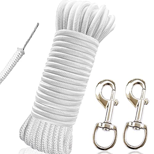 RUSON 50 Feet 5/16 Inch Wire Center Flag Pole Rope and Clips Kit, White Braided Polyester Halyard Steel Center Flag Rope with 2 Pcs 3.5" Flag Swivel Snap Hooks