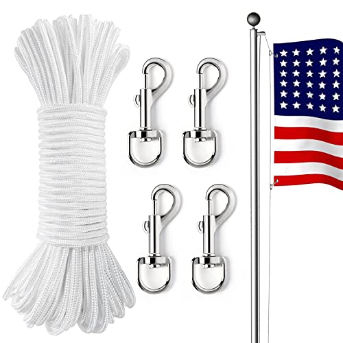 100ft Flag Pole Rope, Flag Pole Halyard Rope Kit with 4 Pcs Zinc Alloy Swivel Snap Hooks, Double Braided Nylon Flagpole Line Rope for Outdoor, Flag, Swing, Clothesline, Climbing, Camping