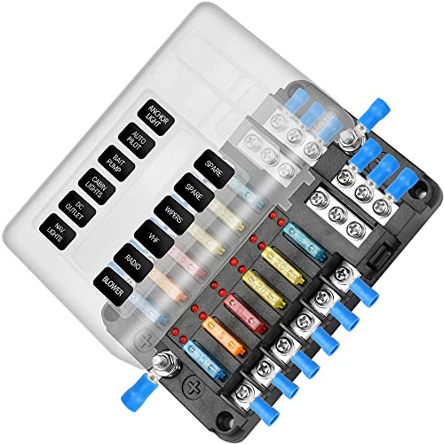 12V Fuse Block 12 Circuit Fuse Box Kit with Damp-Proof Fuse Panel Led Warning Indicator for Marine Automotive Motorcycle RV Truck DC 12-24V(24Pcs Fuses and Terminals Included)