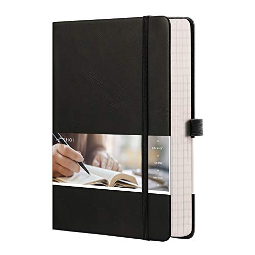 EMSHOI Graph Paper Notebook - 256 Pages A5 Graph Notebook/Journal, Hard Cover, 120gsm Thick Paper, Smooth PU Leather, Inner Pocket, 5.75''  8.38''-Black