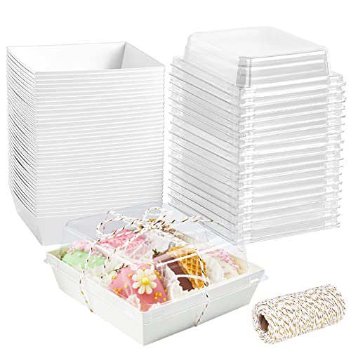 ZORRITA 50 Pack Paper Charcuterie Boxes with Clear Lids, Disposable Sandwich Boxes Square Cake Box To Go Food Containers for Bakery, Strawberries, Cake Slice and Cookies (White)