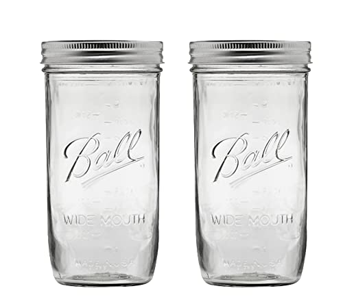 Wide Mouth Mason Jars 24 oz - (2 Pack) - Ball Wide Mouth 24-Ounces Pint and a Half Mason Jars With Airtight Lids and Bands - Clear Glass Mason Jars For Storage, Canning, Fermenting, Overnight Oats, Cold Brew Coffee, Freezing + M.E.M Rubber Jar Opener Included