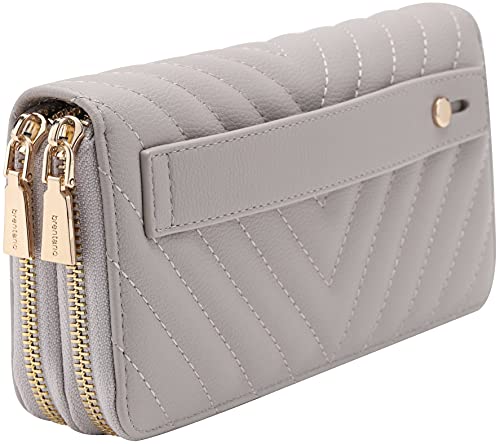 B BRENTANO Vegan Leather Double Zipper Pocket Wallet with Grip Hand Strap (Chevron Embroidered Gray)
