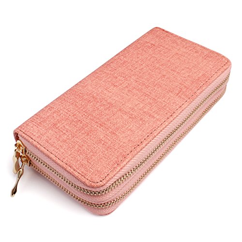 MYS Collection Classic Leatherette Zip Around Wallet - Vegan Leather Zipper Clutch Purse Coin Card Slots, Removable Wristlet (Double Zip Wristlet - Textured Pink)