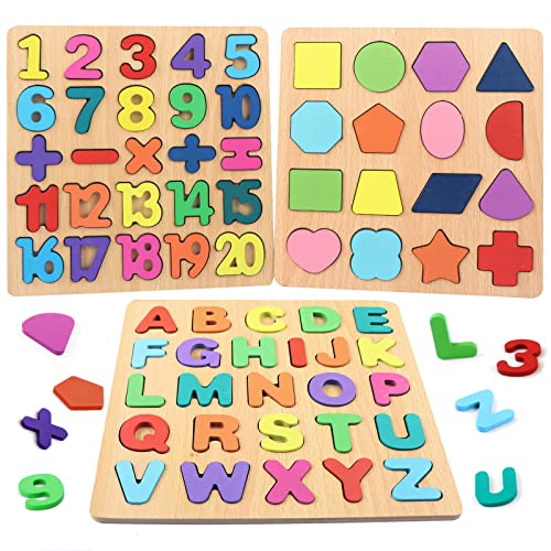 Wooden Puzzles for Toddlers, Wooden ABC Alphabet Number Shape Puzzles Toddler Learning Puzzle Toys for Kids 1-3 Years Old, 3 in 1 Early Education Letter Puzzle for Toddlers 2-4 Years Old