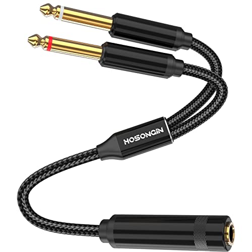 HOSONGIN 1/4 TRS Stereo Jack to Dual 1/4 TS Mono Y-Splitter Insert Cable, Nylon Braided Jacket Gold-Plated Plug Double Shielding Cable, 1 Feet