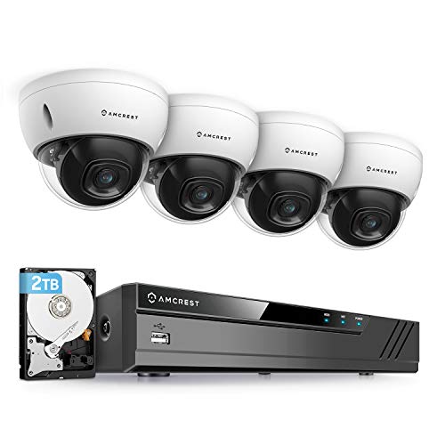 Amcrest 5MP Security Camera System, 4K 8CH PoE NVR, (4) x 5-Megapixel 2.8mm Wide Lens Weatherproof Metal Vandal Dome PoE IP Cameras, Pre-Installed 2TB Hard Drive, NV4108E-IP5M-D1188EW4-2TB (White)