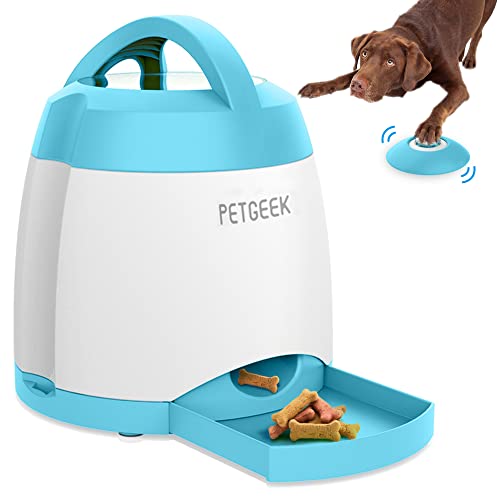 PETGEEK Automatic Treat Dispensing Dog Toys, Dog Treat Dispenser with Dog Button Remote Control, Electronic Dual Power Supply Cat Dog Puzzle Toys for L/M/S Dogs Safe ABS Material, Blue Color
