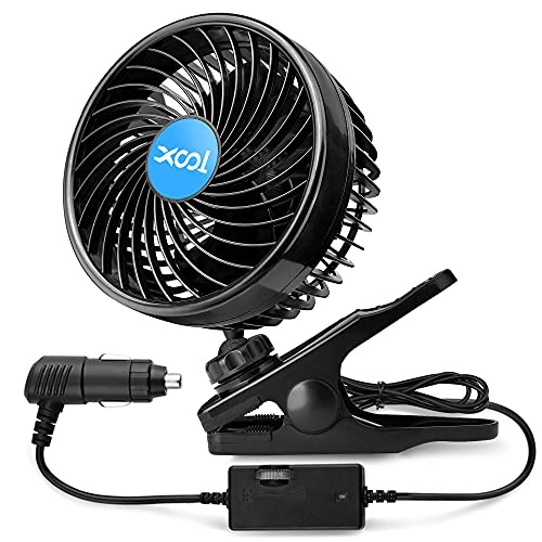 XOOL 12V 6'' Car Fan, Clip Fan 360 Degree Rotatable Car Fan Cooling Air Fan with Stepless Speed Regulation & Cigarette Lighter Plug for SUV, RV, Vehicles