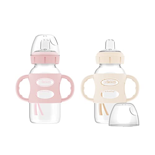 Dr. Browns Milestones Wide-Neck Sippy Bottle with 100% Silicone Handles, Easy-Grip Bottle with Soft Sippy Spout, 9oz/270mL, BPA Free, Light-Pink & Ecru, 2 Pack, 6m+