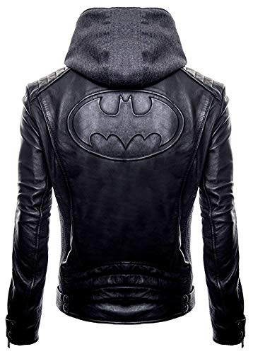 Skyseller New Batman Logo Motorcycle Brando Biker Real Leather Hoodie Jacket - Detach Hood (3XL-52), Black