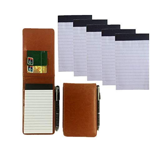 Mini Pocket Notepad Holder Included with 50 Lined Sheets,Refillable,with Notebook Refills,Memo Book Refills 5 Pack 3x5 Inch Sized Writing Pad with 30 Lined Paper Per Note Pad (Brown with Metal Pen)