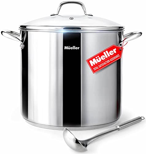 Mueller 16QT UltraClad Tri-Ply Stainless Steel Cooking Stock Pot with Lid and Ladle, Large Pot Capacity for Soup, Broth, Chili, Casserole, Stew, Induction, Oven and Dishwasher Safe Pot