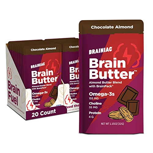 Brainiac Almond Butter Blend with Omega-3s, Chocolate Almond, 20 Count, 1.15 oz.  Almond Butter Pouches with Real Ingredients, Protein, Omega-3s and Choline  Healthy Snacks for Kids and Adults